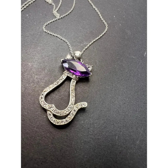 Amethyst white topaz Rhodium Over Silver Cat Pendant Chain 3.40ctw - Picture 2 of 11